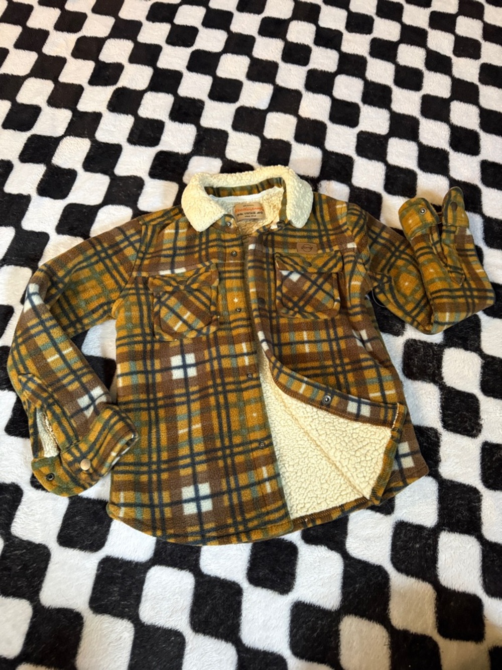 Vintage Kids Plaid Sherpa-Lined Jacket in Mustard and Brown